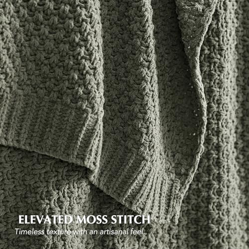 EVERGRACEHOME Chunky Chenille Knit Throw Blanket, 50x60, Dried Thyme Green | Sculpted Moss Stitch, Chic Modern Farmhouse, All-Season Warmth, OEKO-TEX® Certified, Elegant Blanket for Couch, Bed, Sofa - color: Dried Thyme, size: 50" X 60"