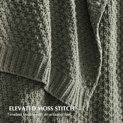 EVERGRACEHOME Chunky Chenille Knit Throw Blanket, 50x60, Dried Thyme Green | Sculpted Moss Stitch, Chic Modern Farmhouse, All-Season Warmth, OEKO-TEX® Certified, Elegant Blanket for Couch, Bed, Sofa - color: Dried Thyme, size: 50" X 60"