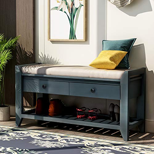 LUMISOL Shoe Storage Bench with Padded Cushion, Rustic Storage Bench with Woven Rattan Doors and Adjustable Shelves for Entryway, Hallway, Living Room, Grey Wash+Beige - color: Antique Navy, size: 39"L x 14"W x 19.8"H
