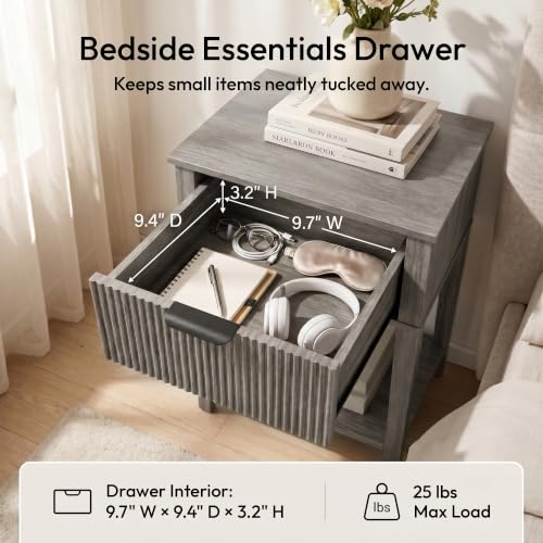 FuniXpress Small Nightstand, 15" Wide, Drawer Shelf, Weathered Gray Fluted | Weathered gray tone, clean fluted front, 11.8-inch slim depth, smart storage, fits guest rooms or small spaces - color: Weathered Gray