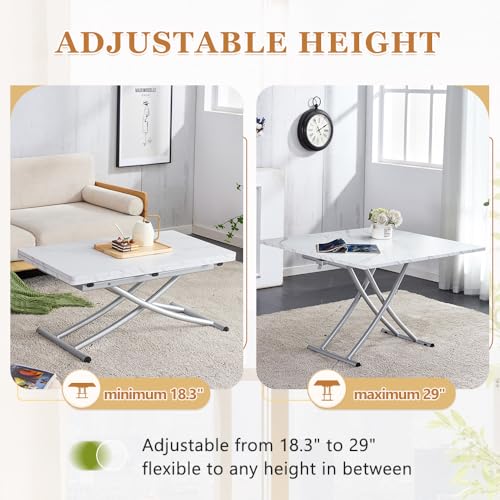 Adjustable Height Coffee Table, Folding Dining Table, White&Sliver | Convertible lift top table for use as a coffee table, dining table, home office desk or vanity - color: White & Sliver Legs