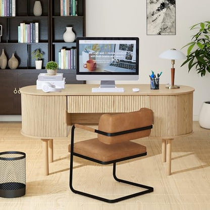Home Office Oval Desk with Sliding Tambour Door and Drawer, Modern Fluted Wood Executive Computer Storage Desk for Study, Living Room, Bedroom, Office - Natural - color: Natural