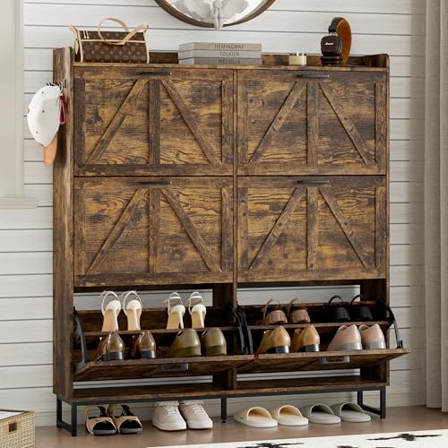 BORNOON Shoe Cabinet with 6 Flip Drawers Narrow Shoe Storage Cabinet Organizer Wooden Freestanding Shoe Rack Hidden Slim Shoes Storage Cabinet for Entryway, Hallway, Living Room, Bedroom - color: Brown, size: 6-Drawer