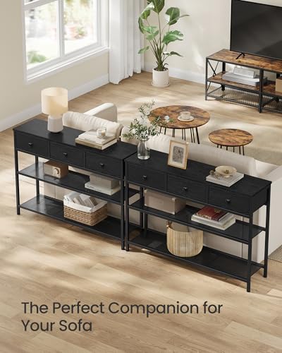 SONGMICS Console Table, Narrow Sofa Table with 2 Mesh Shelves | For Entryway, Living Room, 3 Fabric Drawers, Ebony Black, BELLAH Collection ULGS098B201 - color: Ebony Black, size: 11.8"D x 38.9"W x 31"H (3 Drawers)