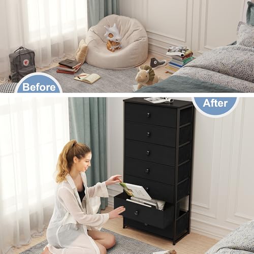 Fabric Dresser for Bedroom, Wide 7-Drawer Tall Vertical Tower (Black) | Wooden Top, Steel Frame, Easy Pull Bin,Organizer Unit for Living Room, Hallway, Entryway, Nursery, Closets - color: Black, style: Wide-7 Drawers