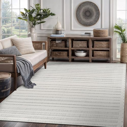 Modern Rug 5x7 Luxury Striped Line Micro Loop Area Rugs Soft High-Low Pile Stain Resistant Easy to Clean Non-Shedding Durable Living Room Bedroom Indoor Carpet (White) - color: Linear / White, size: 5' x 7' (Rectangular)