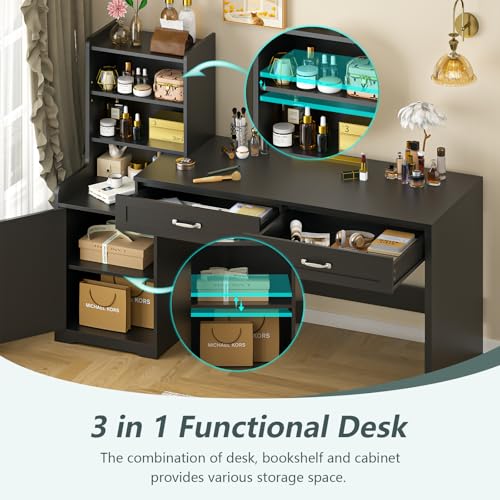 60" Computer Desk with Drawers & Bookshelves for Bedroom, Home Office | Black Desk with Bookcase & Drawers, Executive Desk Writing Study Table with Storage, Home Office Desks - color: Black