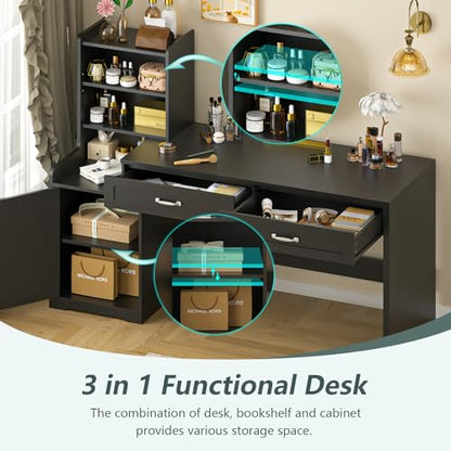 60" Computer Desk with Drawers & Bookshelves for Bedroom, Home Office | Black Desk with Bookcase & Drawers, Executive Desk Writing Study Table with Storage, Home Office Desks - color: Black