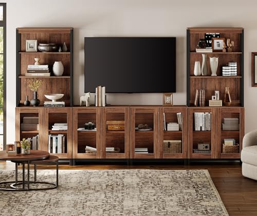 WAMPAT Modern TV Stand with 3 Tiers Bookshelf, Farmhouse Entertainment Center with 12 Drawers and Adjustable Shelf, Media TV Console with Black Metal Leg for Living Room, Begie - color: Brown-b