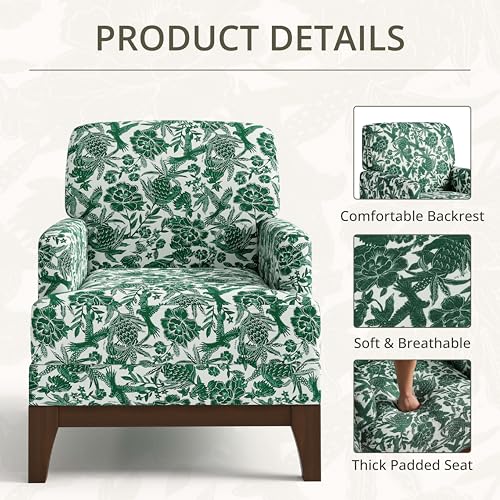 Floral Accent Chair, Upholstered Armchair with Solid Legs, Comfy Reading Single Sofa with Spring-Padded Cushion for Bedroom, Green - size: Wide Seat