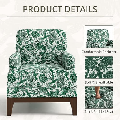 Floral Accent Chair, Upholstered Armchair with Solid Legs, Comfy Reading Single Sofa with Spring-Padded Cushion for Bedroom, Green - size: Wide Seat