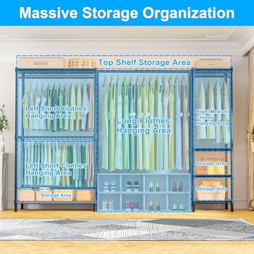 E10 Clothes Rack（With Stretchable Hanger Rod）Freestanding Clothing Racks for Hanging Clothes，Adjustable Closet Organizer System，Portable Garment Rack 73-97"W x 15" D x 72" H，Max Load 800LBS，Black - color: Black