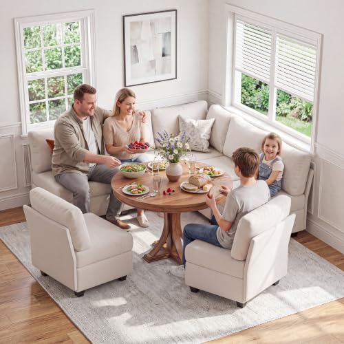 Breakfast Nook Bench with Storage, 5 Seats Modular Corner Banquette Seating | Dining Settee Couch, Hidden Storage, Modular L Shaped Upholstered Backrest, Fits Kitchen Dining Nooks, Beige - size: 5 Seats