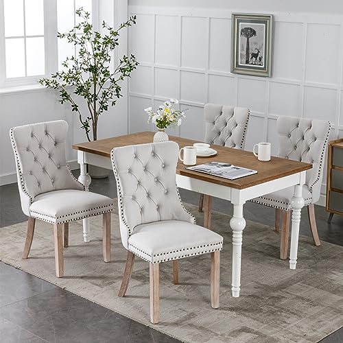 Beige-White Dining Chairs Set of 2, Tufted Kitchen & Dining Room Chairs | Two Fabric Tufted Dinning Chairs, Linen Upholstered, Wing Back, Metal Pull Ring, Wood Frame, Mid Century Modern - color: A-2 Beige Linen, Wood Legs, size: 2