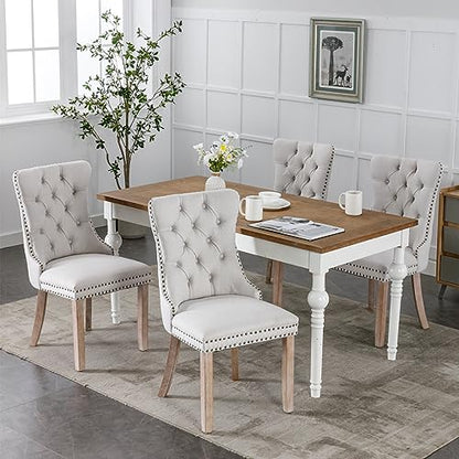 Beige-White Dining Chairs Set of 6, Tufted Kitchen & Dining Room Chairs | Six Fabric Tufted Dinning Chairs, Linen Upholstered, Wing Back, Metal Pull Ring, Wood Frame, Mid Century Modern - color: A-2 Beige Linen, Wood Legs, size: 6