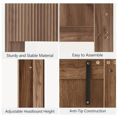 64.1" Queen Size Wood Headboard, Fluted Panel Headboard, Walnut | Mid Century Modern Head Board, Wall Mounted Headboards, Wingback Retro Style Head Board for Adjustable Bed, Easy to Assembly - color: Walnut, size: Queen