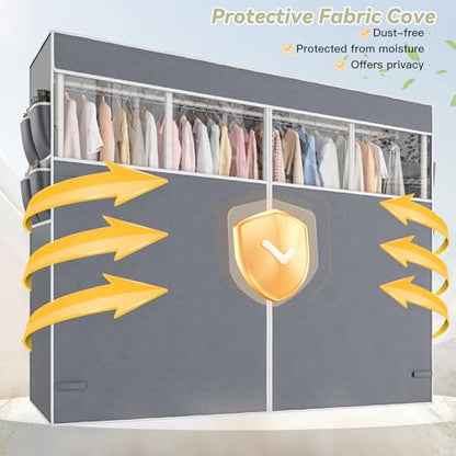 Raybee Heavy Duty Clothes Rack with Cover, 1150lbs Capacity, Adjustable | 76" W Freestanding, Zipper Dust Cover, 5 Rods & 6 Shelves, Tool-Free Assembly, Space-Saving for Closet, Bedroom, White - color: White, style: Clothing Rack with Cover