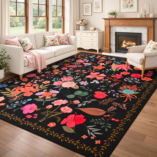ISEAU 5x7 Area Rug for Living Room,Washable Rugs for Bedroom Dorm, Black | Floral Rugs with Non-Slip Botton, Low-Pile Indoor Carpet for Bedroom Kids Playroom Nursery Office Dining Room Dorm Decor - color: Black, size: 5ftx7ft