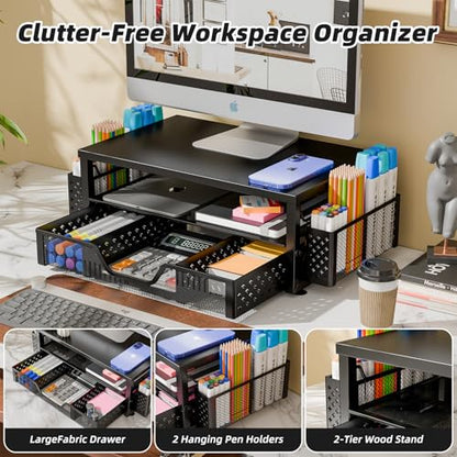 Simple Trending 2-Tier Monitor Stand Riser, Desk Organizer, Drawer, Black | Laptop & Printer Stand, Desktop Organizer, Drawer & 2 Pen Holders, Sturdy Material, for Home Office, 16"W x 10"D x 5.8"H - size: 16"W x 10"D x 5.8"H
