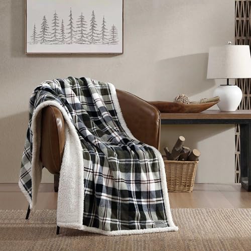 Eddie Bauer - Throw Blanket, Ultra-Soft Plush Bedding with Faux Shearling Reverse, Throw Blanket for Couch & Bed (Trailhead Plaid Green, 50" x 60") - color: Trailhead Plaid Green, size: 50" x 60"
