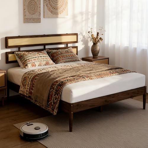 VINGLI Solid Wood Full Size Rattan Bed Frame with Headboard, Boho Platform Panel Bed,Brown - size: Full