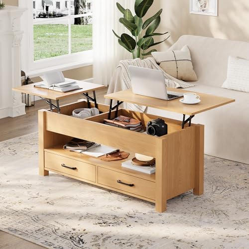 Multifunctional Lift Top Coffee Table, Convertible Wooden Coffee Table with 2 Drawers & Hidden Compartment, Storage Center Table for Living Room Home Office,Natural - color: Natural Wood