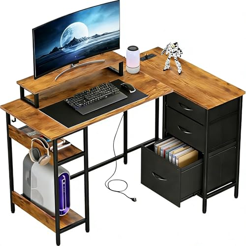 DEVAISE 48 Inch L Shaped Gaming Desk with Drawers and Storage, Corner Desk with LED Lights, Power Outlets, Computer Desk with Monitor Stand, Office Desk for Home, Rustic Brown - color: Rustic Brown, size: 48 Inch with Drawers