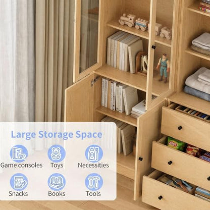 TUSY 71" H Bookshelf with Storage, Modern Bookcase with Drawer (Wood, AABB) | 6-Tier Bookshelves with 3 Large Drawer, Display Bookcase with Glass Doors, Wooden Curio Cabinet for Home Office, Dining Room - color: Wood
