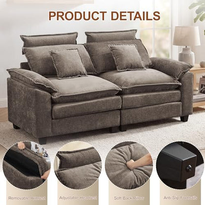 72'' Cloud Deep Seat Loveseat, Modular 2 Seater Sectional Couch with Detachable Headrest, Modern Love Seat Sofas for Living Room, Apartment, Brown - color: Brown, size: Loveseat