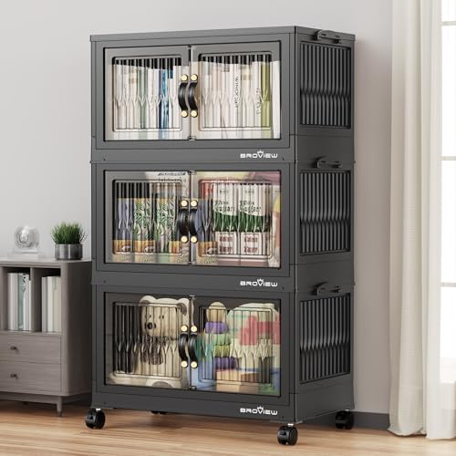 BROVIEW 180Qt Stackable Storage Bins with Lid for Home Dorm, 3Pack Black | Closet Organizers, Foldable & Collapsible Cabinets, Large Containers, Wheels & Magnetic Doors, Plastic Drawers for School - color: Black, size: 60QT-3Pack