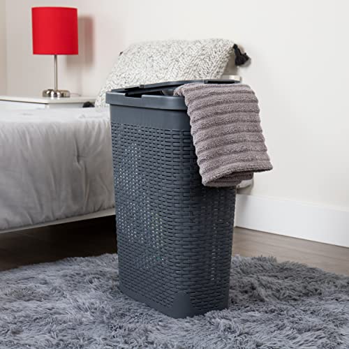 Mind Reader Slim Laundry Hamper with Lid, 40L Clothes Basket, Narrow Tapered Design with Ventilated Cutout Pattern, Plastic, Set of 2, Gray