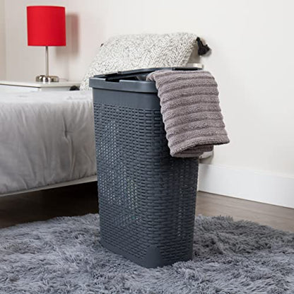 Mind Reader Slim Laundry Hamper with Lid, 40L Clothes Basket, Narrow Tapered Design with Ventilated Cutout Pattern, Plastic, Set of 2, Gray