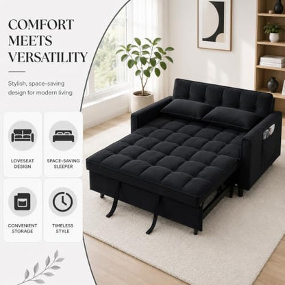 3 In 1 Velvet Convertible Sofa Bed, Pull Out Couch Bed with Reclining Backrest And 2 Pillows, 54" Full Size Loveseat Sleeper Sofa Futon Couch Bed, Couches For Small Spaces, Living Room (Black) - color: Black