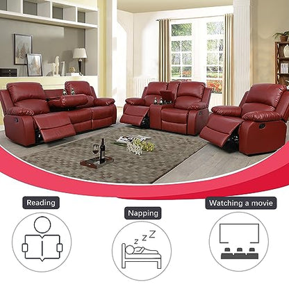 A Ainehome Living Room Furniture Set Leather Recliner Sofa Set Loveseat Chair Furniture Sofa Set for Living Room/Small Space/Rv/House/Office/Theater Seating (A-Red Leather, 3 Piece Set) - color: A-red Leather, size: 3 piece set