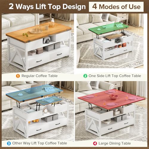40" Lift Top Coffee Table with Storage,White | 4 in 1 Multi-Function Lifting top Coffee Tables with Storage Drawers and Hidden Compartmen,for Living Room - color: White+brown
