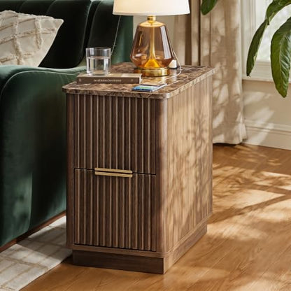 win2win Narrow End Table with Charging Station, Fluted Drawers, Walnut | Tall Small Side Table with Storage , Mid-Century Modern Nightstand with Faux Marble Top , Wood Beside Table for Living Room - color: Walnut
