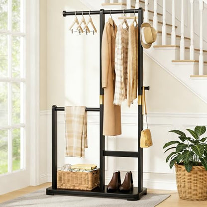 Solid Wood Coat Rack, Freestanding Standing Clothes Rack with Double Hanging Rods for Coats, Jackets, Wooden Coat Tree Garment Rack for Bedroom Entryway Hallway, Space Saving Small Coat Rack - color: Black