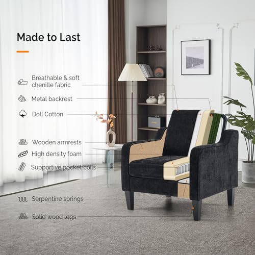 VINGLI Chair Black Upholstered Chenille Accent Chair for Living Room, Bedroom, Mid-Century Modern Arm Chair Comfy Reading Chair with Scooped Arms - color: Black