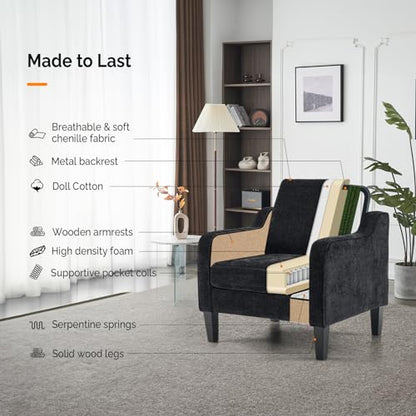 VINGLI Chair Black Upholstered Chenille Accent Chair for Living Room, Bedroom, Mid-Century Modern Arm Chair Comfy Reading Chair with Scooped Arms - color: Black