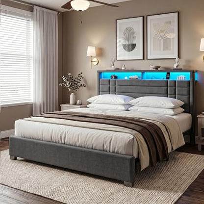 EnHomee Queen Upholstered Bed Frame with Charge Station & LED Lights, Grey | 2-Tier Shelves Headboard, 12" Under-Bed Storage Space, Noise-Free, No Box Spring Needed, Easy Assembly - color: Grey, size: Queen (U.S. Standard)