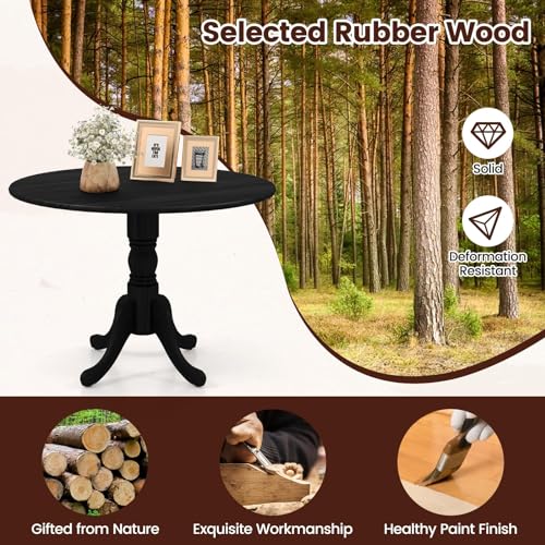 COSTWAY Round Dining Table for 4, 39 inch Kitchen Table with Solid Rubber Wood Frame, Adjustable Foot Pads, Curved Trestle Legs, Mid Century Rustic Dinning Table for Living Room, Black | Adjustable Foot Pads, Curved Trestle Legs, Mid Century Rustic Dinnin