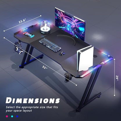 HLDIRECT 55 Inch Gaming Desk Z Shaped Carbon Fiber Computer Desk with LED | Ergonomic Gamer Desk for Home Office, Large PC Table with Cup Holder Headphone Hook and Spacious Desktop for Gaming Setup - size: 55 INCH BLACK