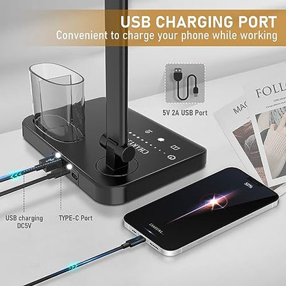 Dimmable LED Desk Lamp with USB Charging Port, 50 Lighting Modes Dual Swing Arm Architect Table Lamp Light Desk Lamp for Home Office Dorm Piano Nail - color: Black