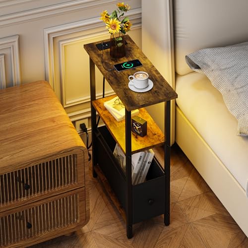 Narrow Side Table with Charging Station and LED Light, Skinny End Table for Small Spaces, Thin Sofa Side Table with 1 Fabric Drawer, Slim Nightstand for Living Room, Bedroom, Rustic Brown - color: Brown, style: Plug & LED