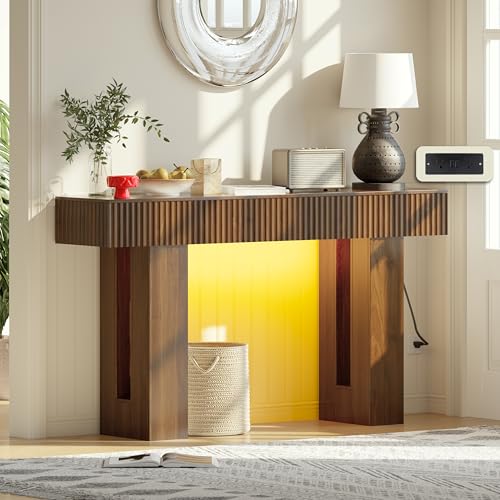 60-Inch Long Entryway Table with Built-in Power Outlet and App & Button-Controlled RGB Light, Thick Wood Farmhouse Console Table for Behind Sofa, Narrow Hallway, Living Room, Foyer, Entrance, Walnut - color: Walnut, size: 60 Inch