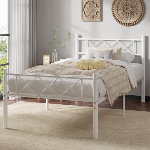 VECELO Twin Size Bed Frame with Headboard, Heavy Duty Bedframe with Strong Metal Slats, No Box Spring Needed & Easy Assembly, Pure White - color: Pure White, size: Twin