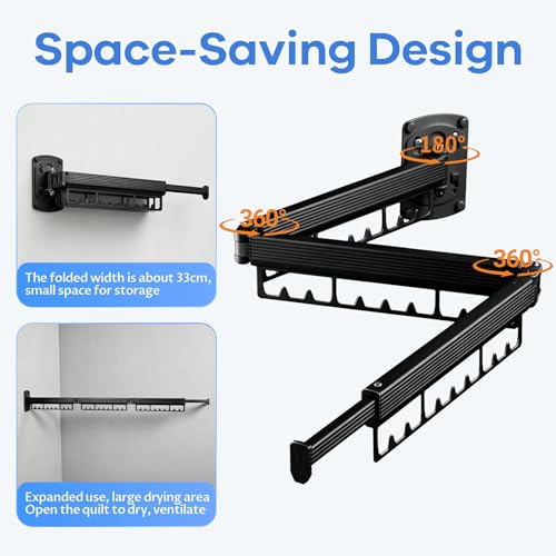 Foldable Wall Mounted Laundry Drying Rack, 3 Fold Retractable Clothes Drying Rack, Durable Clothing Hanger Rack for Laundry Room, Balcony, Bathroom (Black) - color: Black