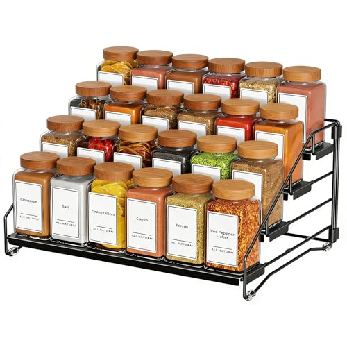 Black Tiered Spice Shelf Organizer 1 Pack | 4 Tier Countertop Spice Rack, Depth Adjustable Seasoning Organizer, Spice Shelf for Countertop, Cabinet