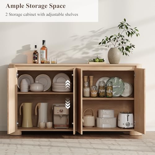 YANSNWO 59" Sideboard Buffet Cabinet with Rounded Corner, Natural Oak(1PCS) | 2-Tier Storage, Adjustable Shelves, 2"H × 6.3"D Sturdy Cylindrical Base, Handleless, Modern for Kitchen/Living Room/Hallway