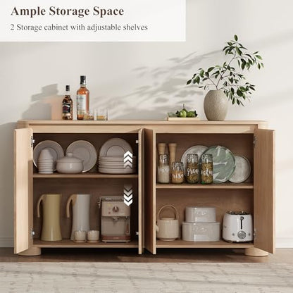 YANSNWO 59" Sideboard Buffet Cabinet with Rounded Corner, Natural Oak(1PCS) | 2-Tier Storage, Adjustable Shelves, 2"H × 6.3"D Sturdy Cylindrical Base, Handleless, Modern for Kitchen/Living Room/Hallway